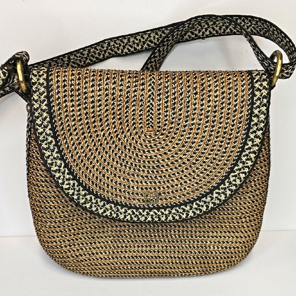 Eric Javits Handbags - Eric Javits Squishee Tan Crossbody Bag with Rounded Shape and Decorative Trim